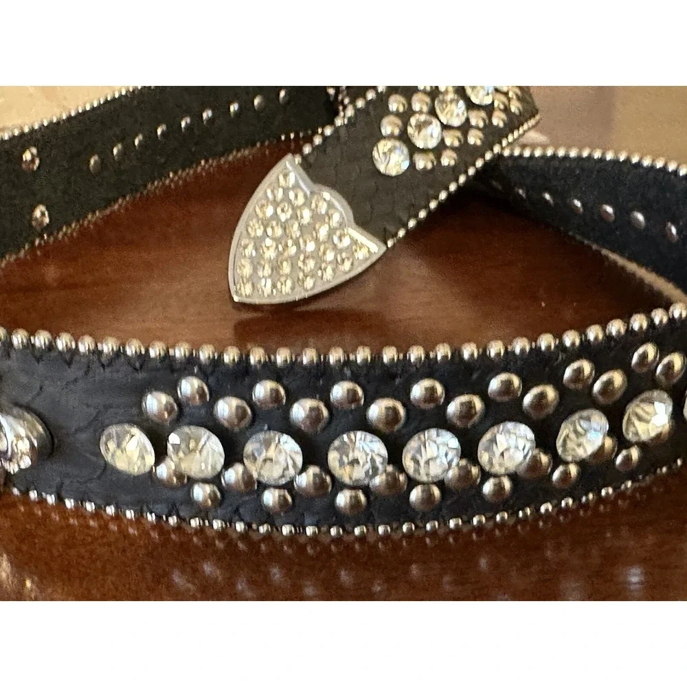 Women's Black Rhinestone Leather Belt size S/M Western Style Black Belt Bling